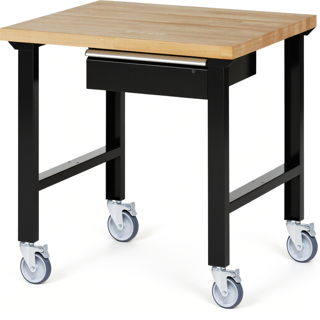 Fahrbare Werkbank Modell 7001 schwarz, BxTxH 1000x900x1000 mm,  Buche-Massiv Arbeitsplatte 40 mm,  1 Schublade mit  Auszug 90 %