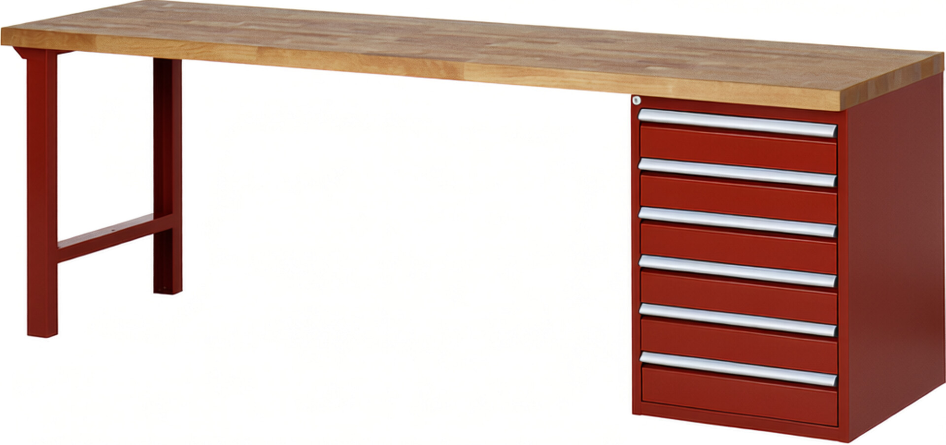 Werkbank Modell 7516 rot, BxTxH 2500x700x840 mm,  Buche-Massiv Arbeitsplatte 40 mm,  6 Schubladen mit  Vollauszug 100 % und  SoftClosing