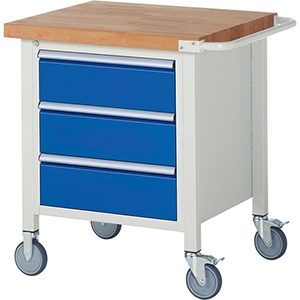 Fahrbare Werkbank, Breite 75 cm, Tiefe 70 cm, Höhe 88 cm, 3 Schublade(n), Platte: Buche-Riegel