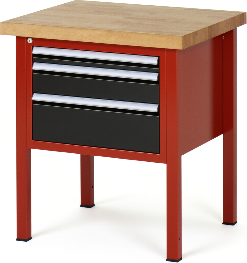 Werkbank Modell 8126 rot - schwarz, BxTxH 750x700x840 mm,  Buche-Massiv Arbeitsplatte 40 mm,  3 Schubladen mit  Vollauszug 100 % und  SoftClosing