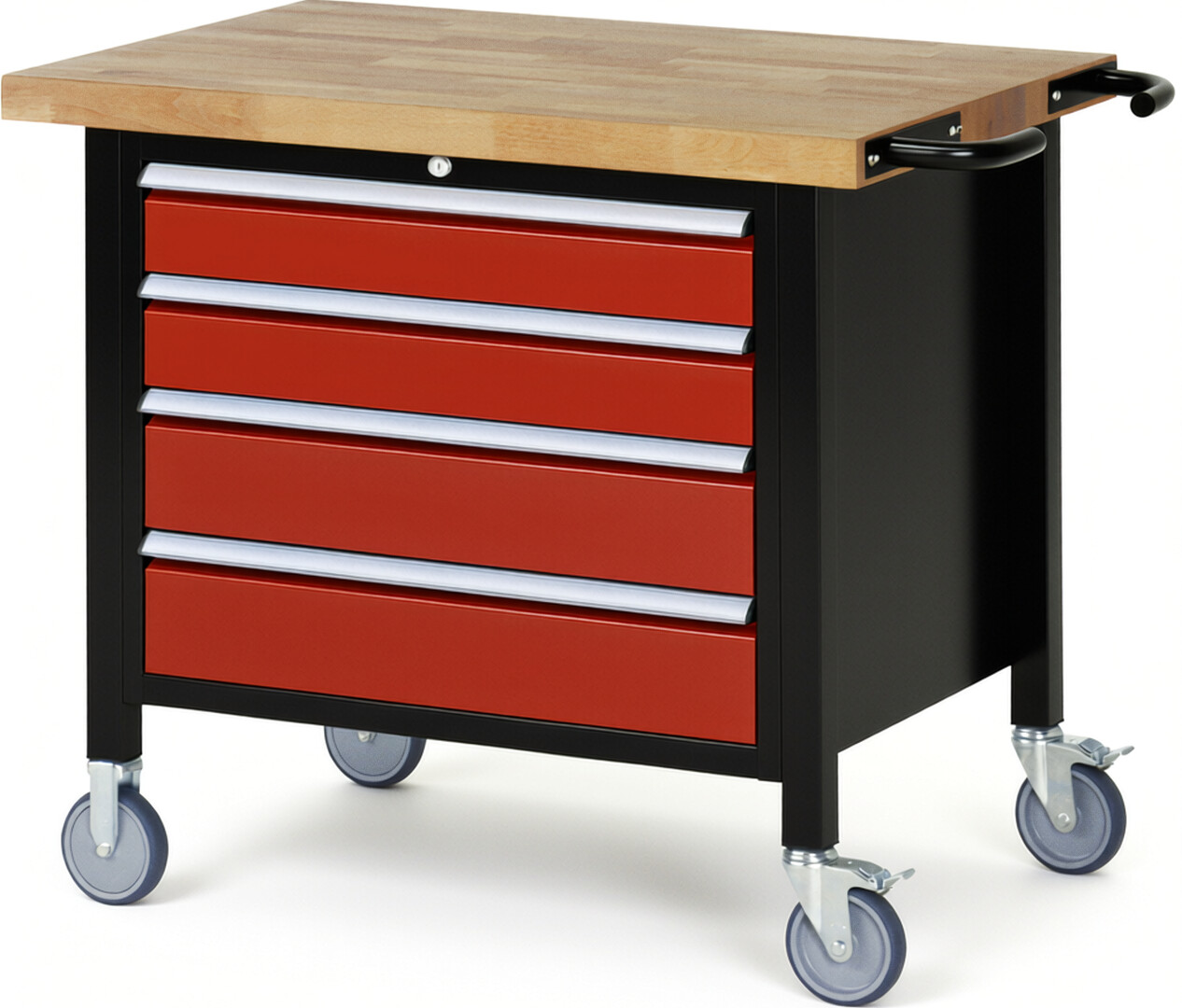 RAU Werkbank schwarz - rot - Breite 100 cm - Tiefe 70 cm - Höhe 108 cm - Buche-Massiv Arbeitsplatte 40 mm