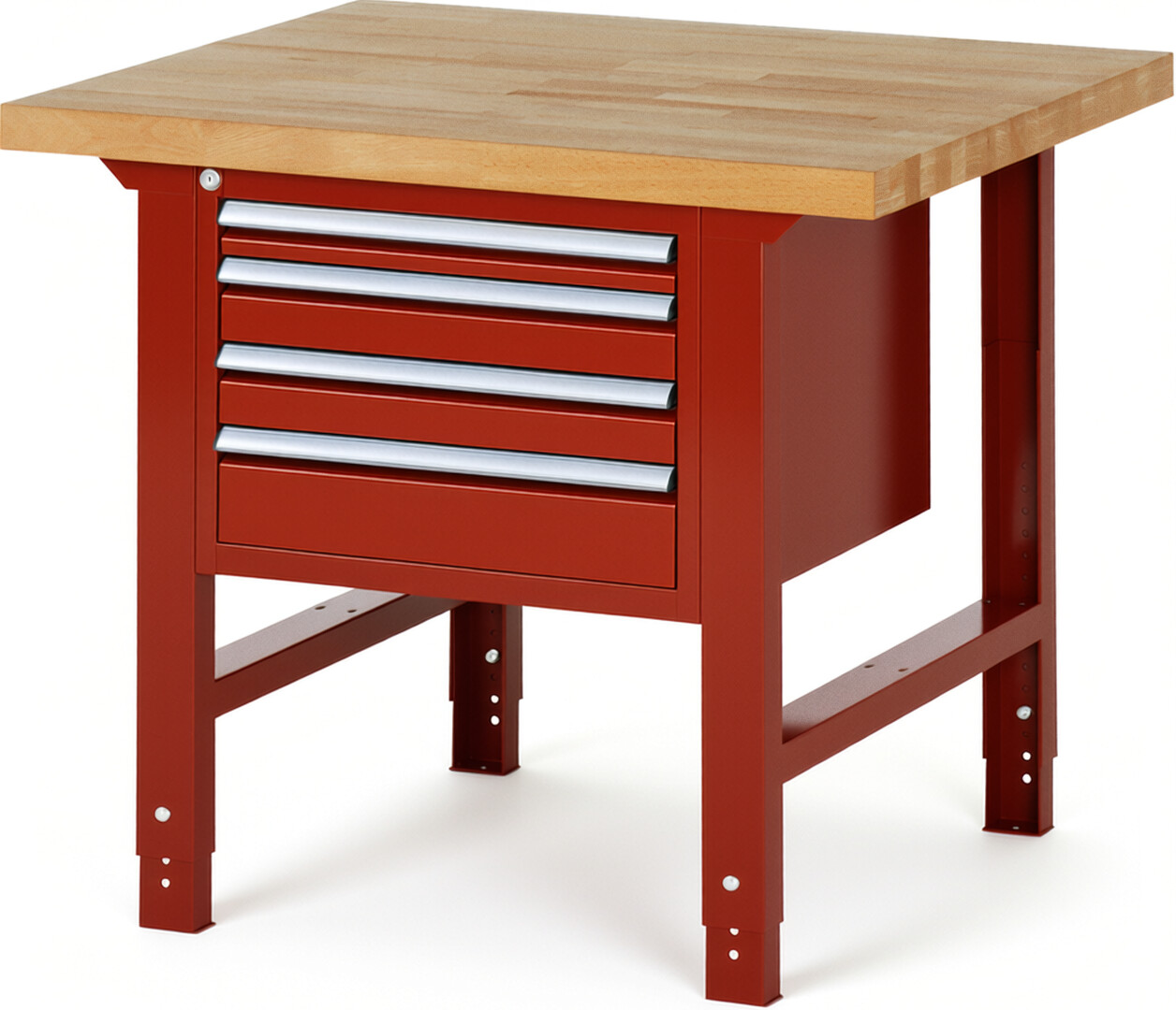 Werkbank Modell 7132 rot, BxTxH 1000x900x790-1140 mm,  Buche-Massiv Arbeitsplatte 40 mm,  4 Schubladen mit  Vollauszug 100 % und  SoftClosing