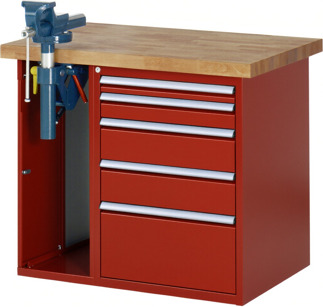 Werkbank Modell 7511 rot, BxTxH 1000x700x890 mm,  Buche-Massiv Arbeitsplatte 40 mm,  5 Schubladen mit  Auszug 90 %