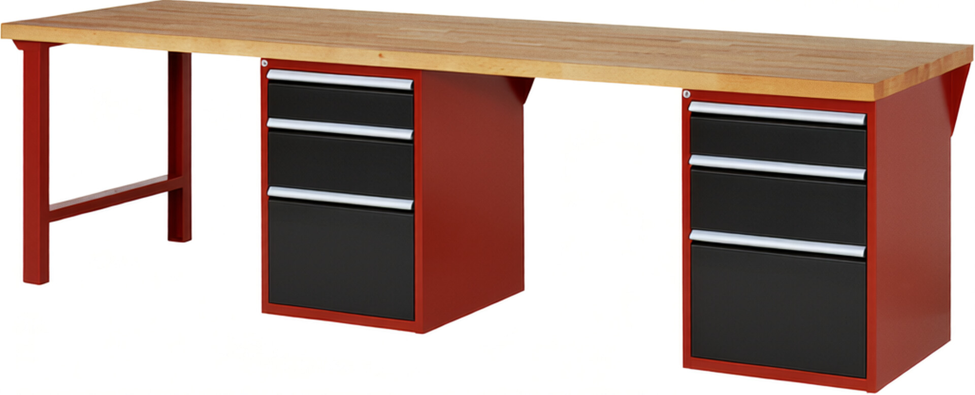 Werkbank Modell 7508 rot - schwarz, BxTxH 3000x900x890 mm,  Buche-Massiv Arbeitsplatte 40 mm,  6 Schubladen mit  Auszug 90 %