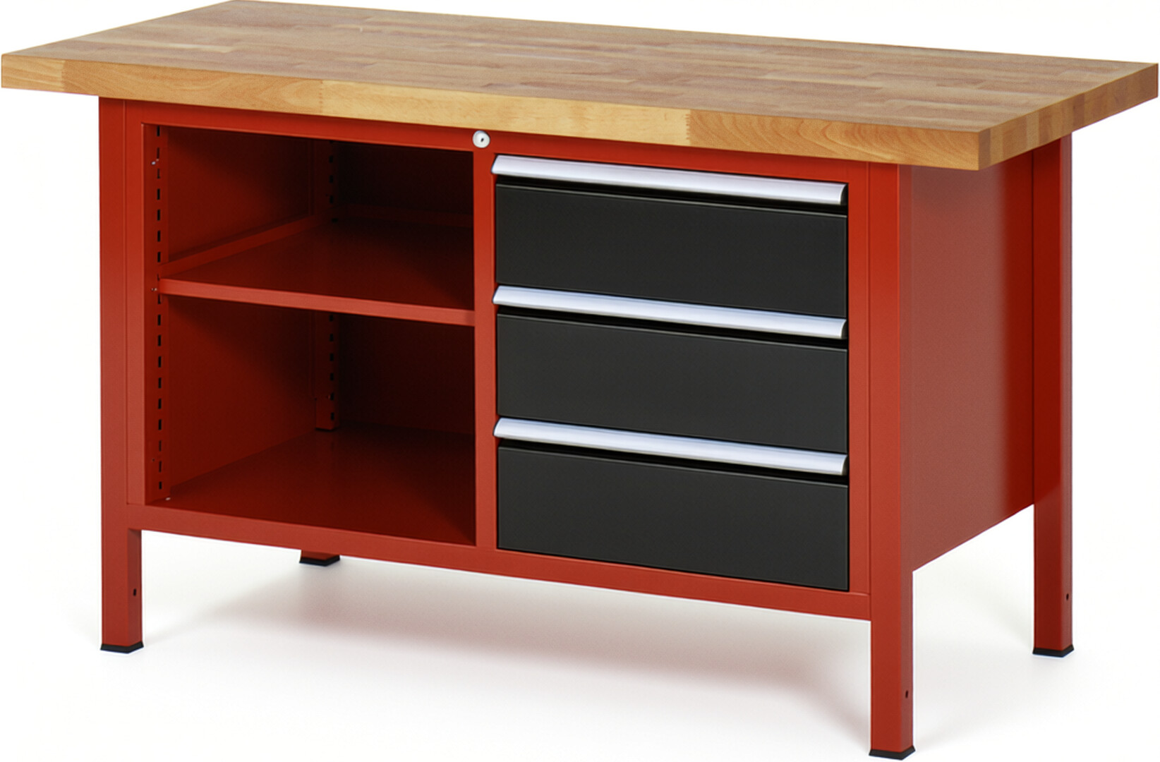 Werkbank Modell 8462 rot - schwarz, BxTxH 1500x700x840-1040 mm,  Buche-Massiv Arbeitsplatte 40 mm,  3 Schubladen mit  Auszug 90 %