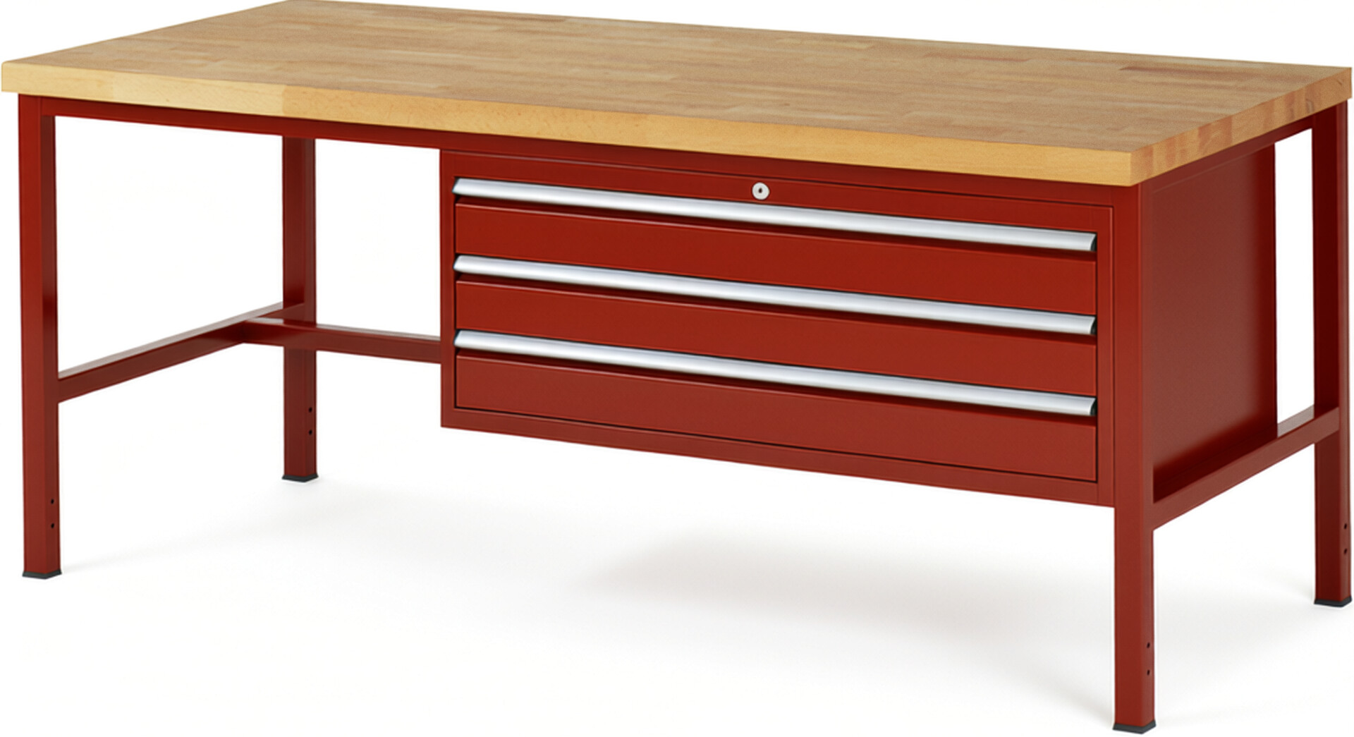 Werkbank Modell 8327 rot, BxTxH 2000x900x840-1040 mm,  Buche-Massiv Arbeitsplatte 40 mm,  3 Schubladen mit  Auszug 90 %