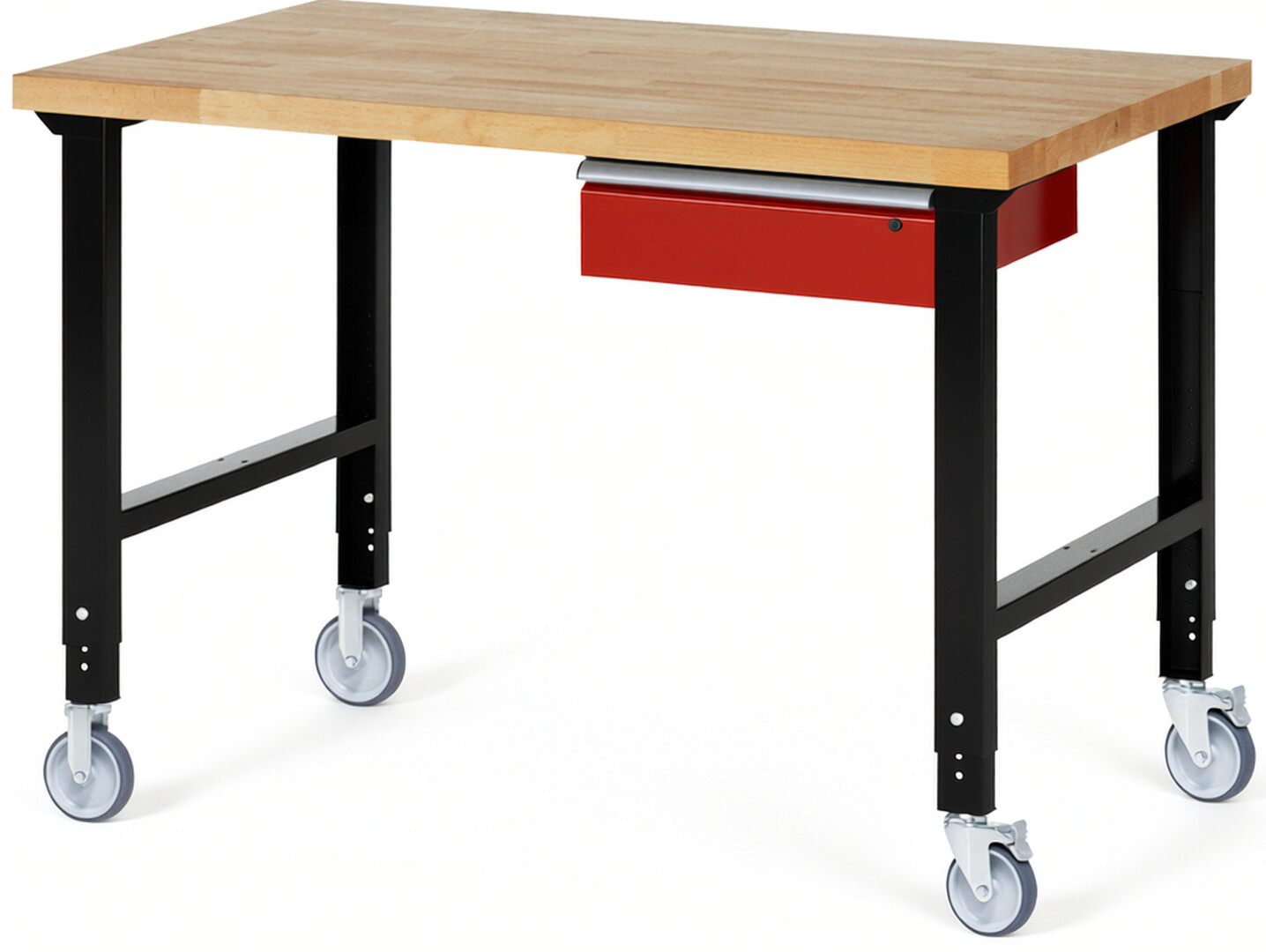 RAU Werkbank schwarz - rot - Breite 150 cm - Tiefe 90 cm - Höhe 100 cm - Buche-Massiv Arbeitsplatte 40 mm