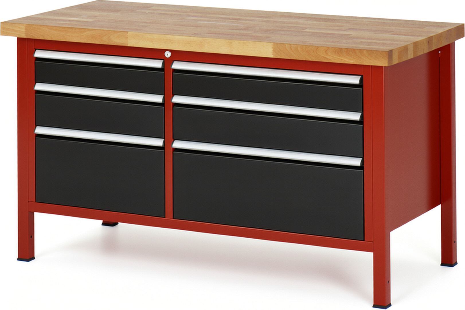 Werkbank Modell 8652 rot - schwarz, BxTxH 1500x700x840 mm,  Buche-Massiv Arbeitsplatte 40 mm,  6 Schubladen mit  Auszug 90 %