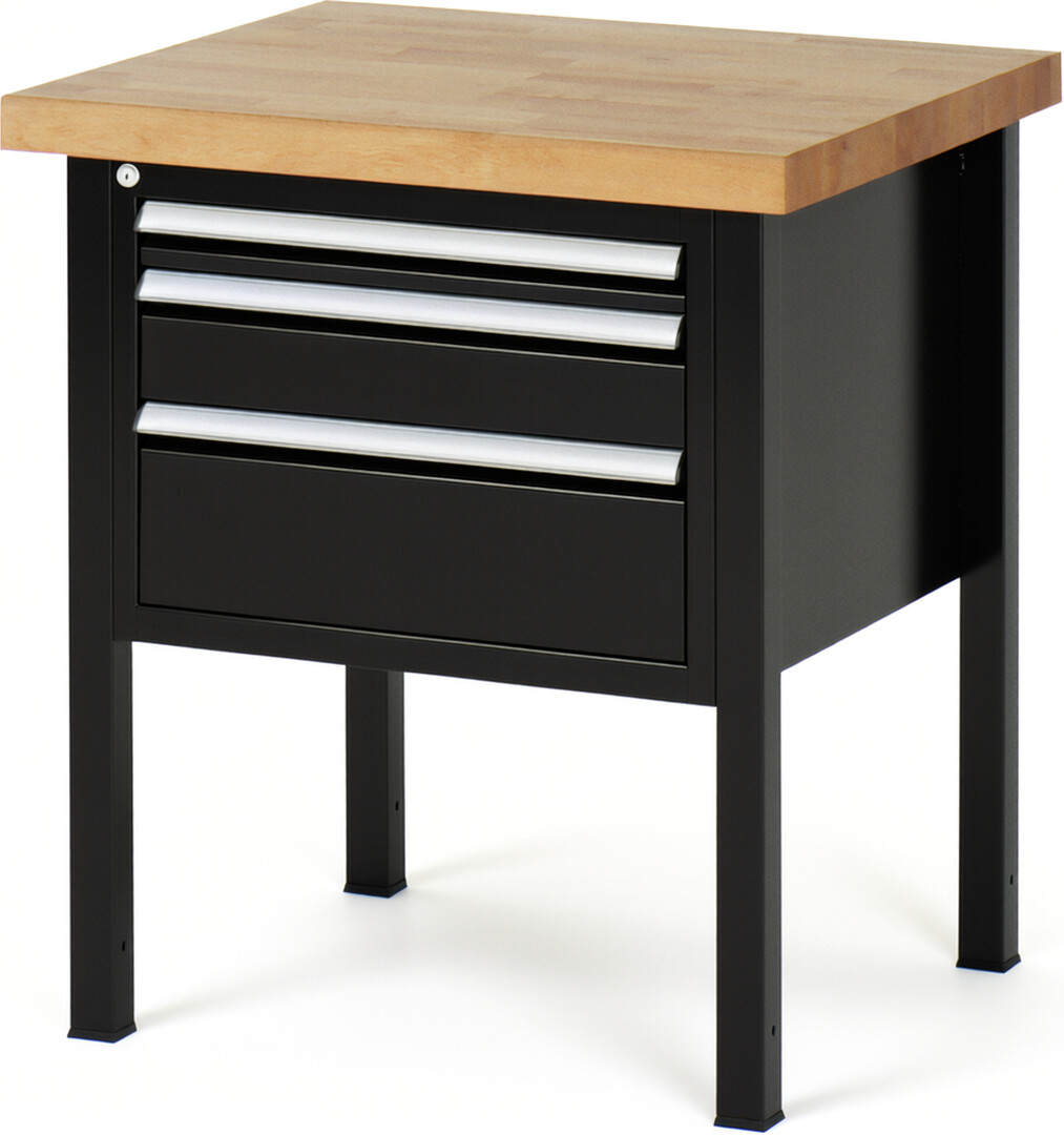 Werkbank Modell 8126 schwarz, BxTxH 750x700x840 mm,  Buche-Massiv Arbeitsplatte 40 mm,  3 Schubladen mit  Vollauszug 100 % und  SoftClosing