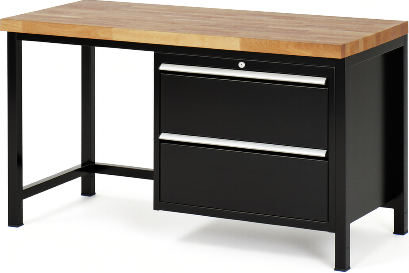 Werkbank Modell 8255 schwarz, BxTxH 1500x700x840-1040 mm,  Buche-Massiv Arbeitsplatte 40 mm,  2 Schubladen mit  Auszug 90 %