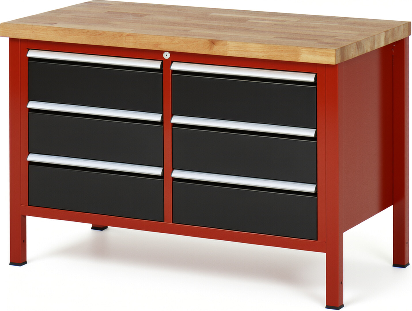 Werkbank Modell 8473 rot - schwarz, BxTxH 1250x700x840 mm,  Buche-Massiv Arbeitsplatte 40 mm,  6 Schubladen mit  Auszug 90 %