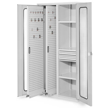 Werkzeugschrank - 2 Vertikalauszüge, 2 Schubladen, 3 Fachböden - Frontfarbe lichtgrau, Türen mit Sichtfenstern, 1.950 x 1.000 x 600 mm (HxBxT)