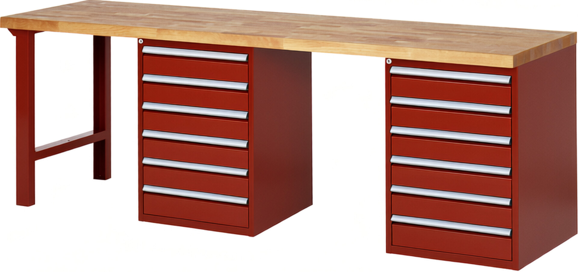 Werkbank Modell 7516 rot, BxTxH 2500x700x890 mm,  Buche-Massiv Arbeitsplatte 40 mm,  12 Schubladen mit  Auszug 90 %