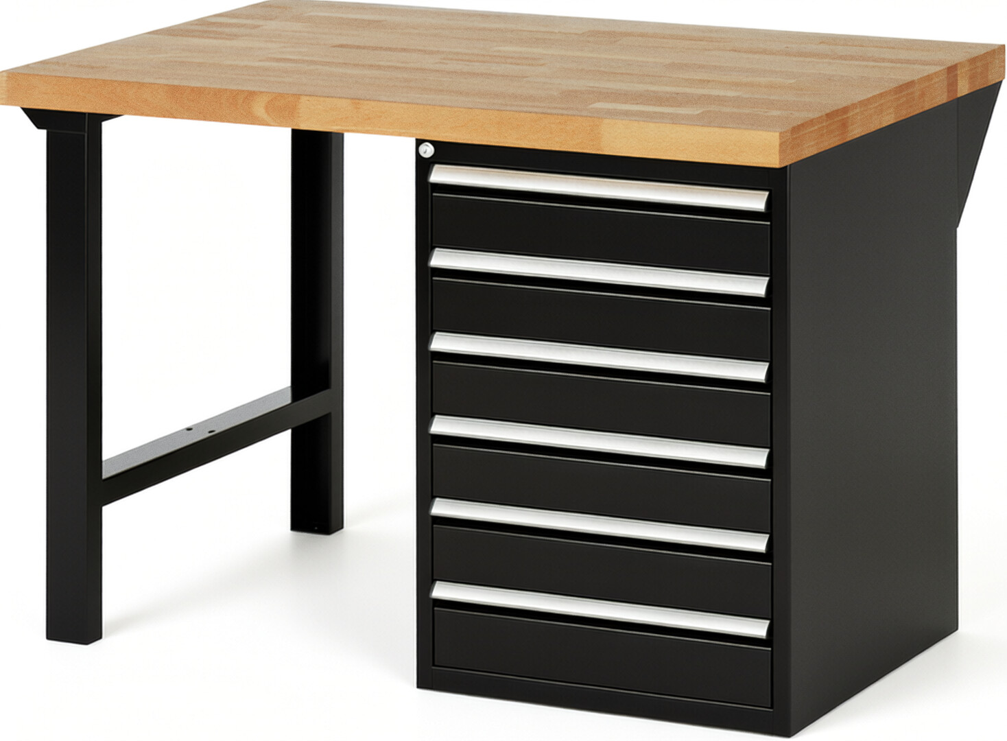Werkbank Modell 7516 schwarz, BxTxH 1250x900x890 mm,  Buche-Massiv Arbeitsplatte 40 mm,  6 Schubladen mit  Vollauszug 100 % und  SoftClosing