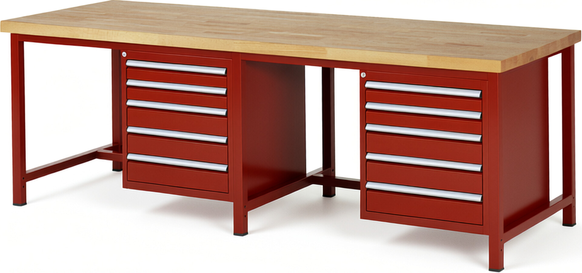 Werkbank Modell 8171 rot, BxTxH 2500x900x840-1040 mm,  Buche-Massiv Arbeitsplatte 40 mm,  10 Schubladen mit  Auszug 90 %