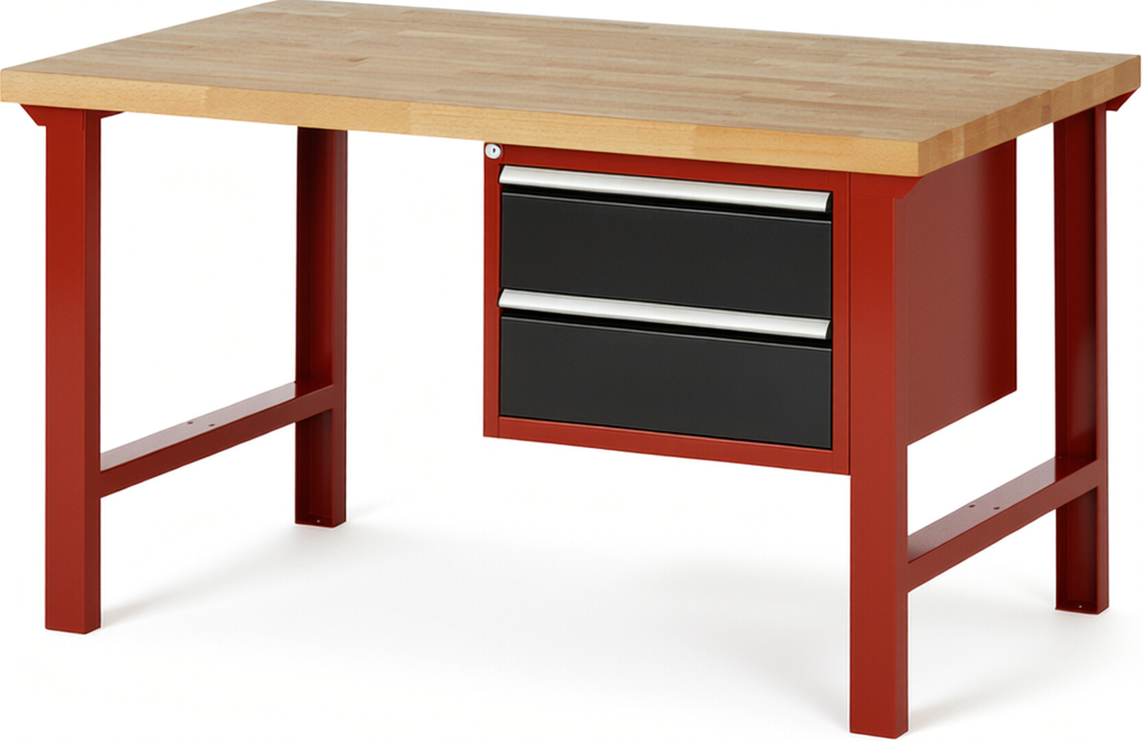 Werkbank Modell 7125 rot - schwarz, BxTxH 1500x900x840 mm,  Buche-Massiv Arbeitsplatte 40 mm,  2 Schubladen mit  Auszug 90 %