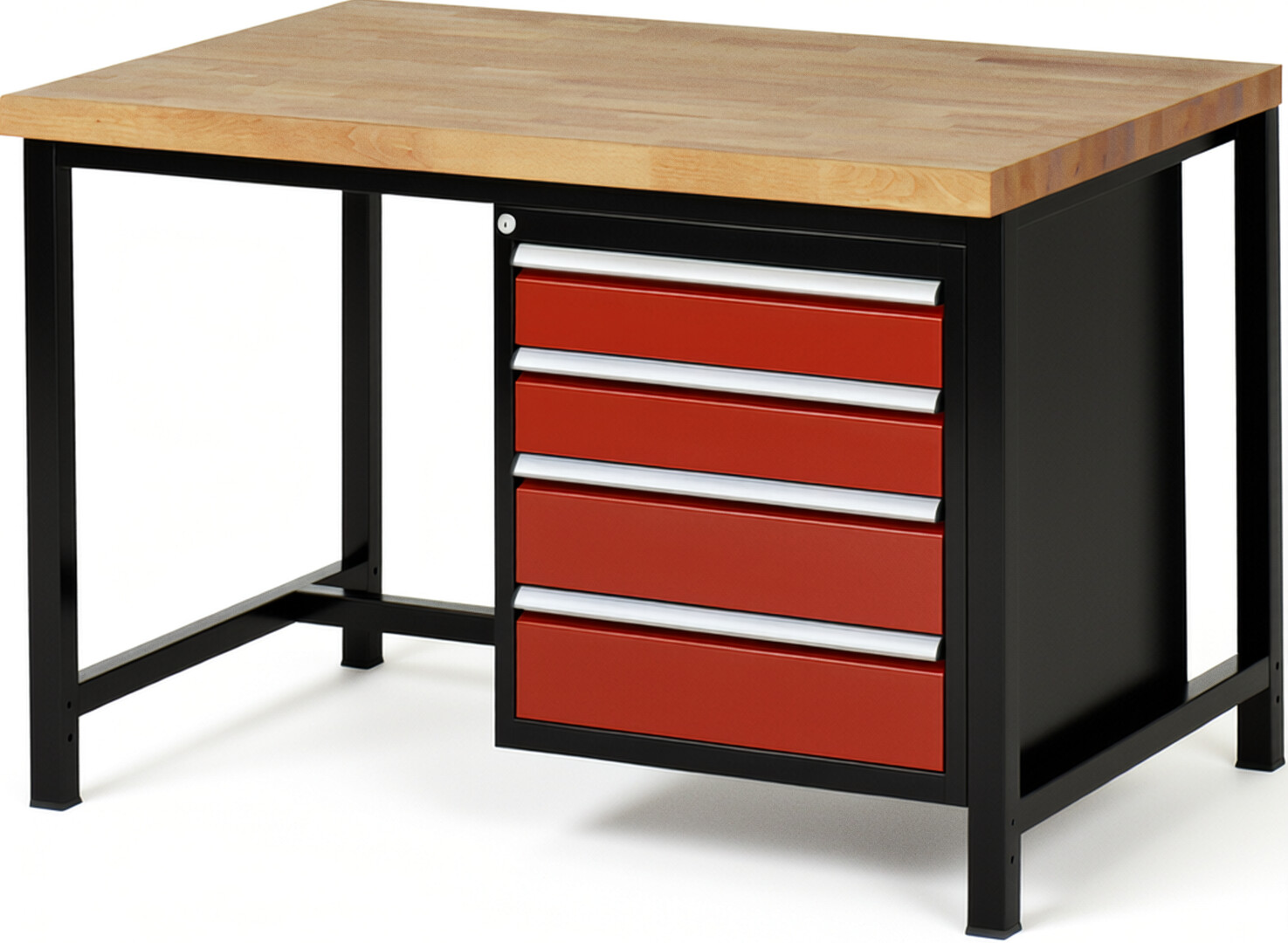 Werkbank Modell 8162 schwarz-rot, BxTxH 1250x900x840 mm,  Buche-Massiv Arbeitsplatte 40 mm,  4 Schubladen mit  Vollauszug 100 % und  SoftClosing