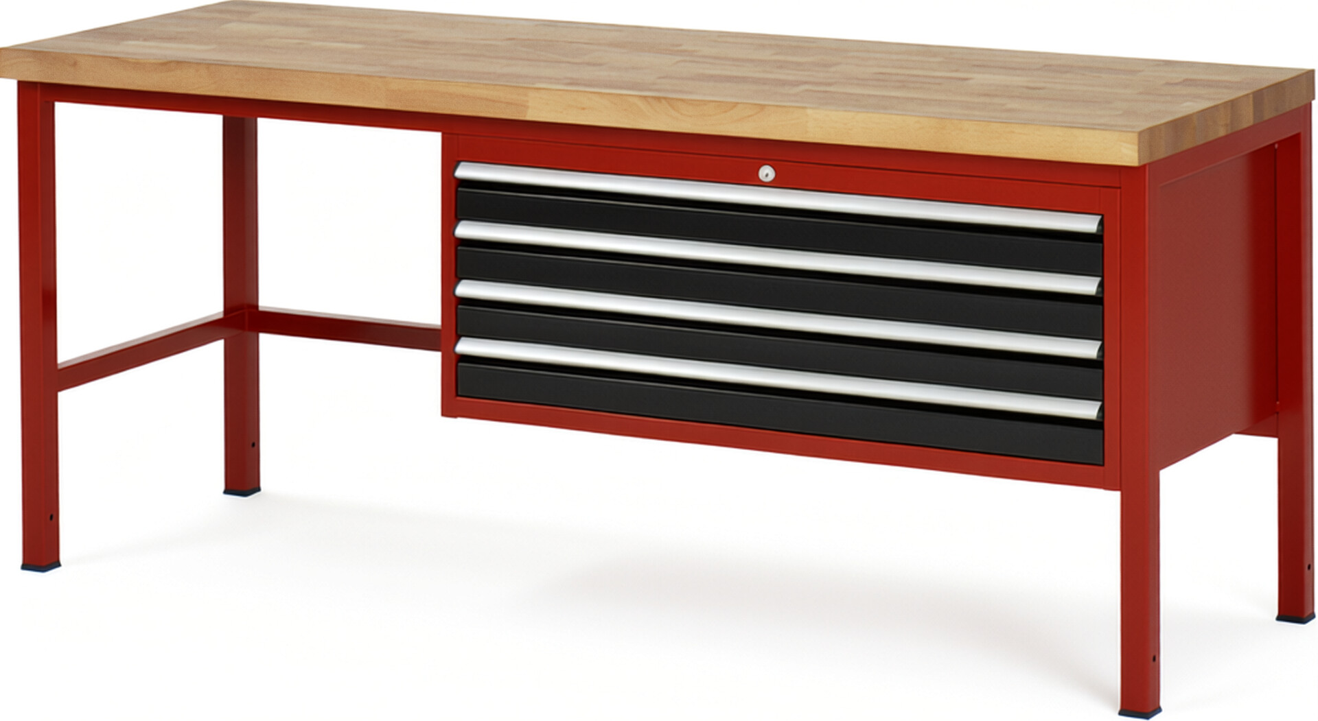 Werkbank Modell 8333 rot - schwarz, BxTxH 2000x700x840 mm,  Buche-Massiv Arbeitsplatte 40 mm,  4 Schubladen mit  Vollauszug 100 % und  SoftClosing