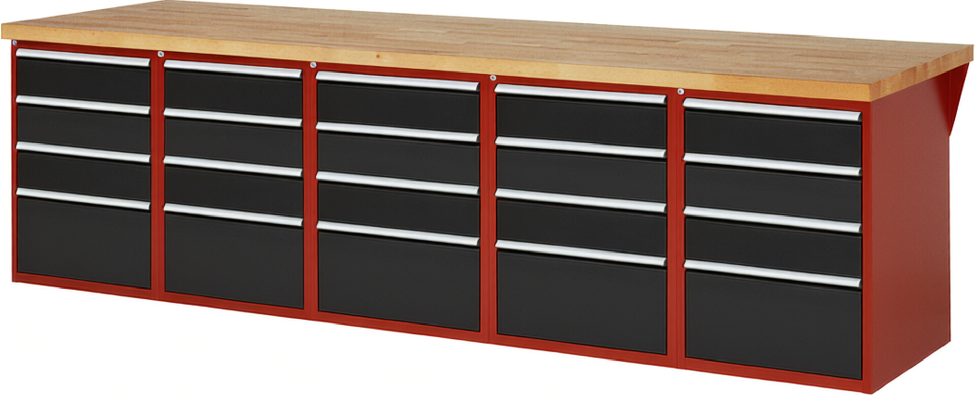 Werkbank Modell 7510 rot - schwarz, BxTxH 3000x900x840 mm,  Buche-Massiv Arbeitsplatte 40 mm,  20 Schubladen mit  Auszug 90 %