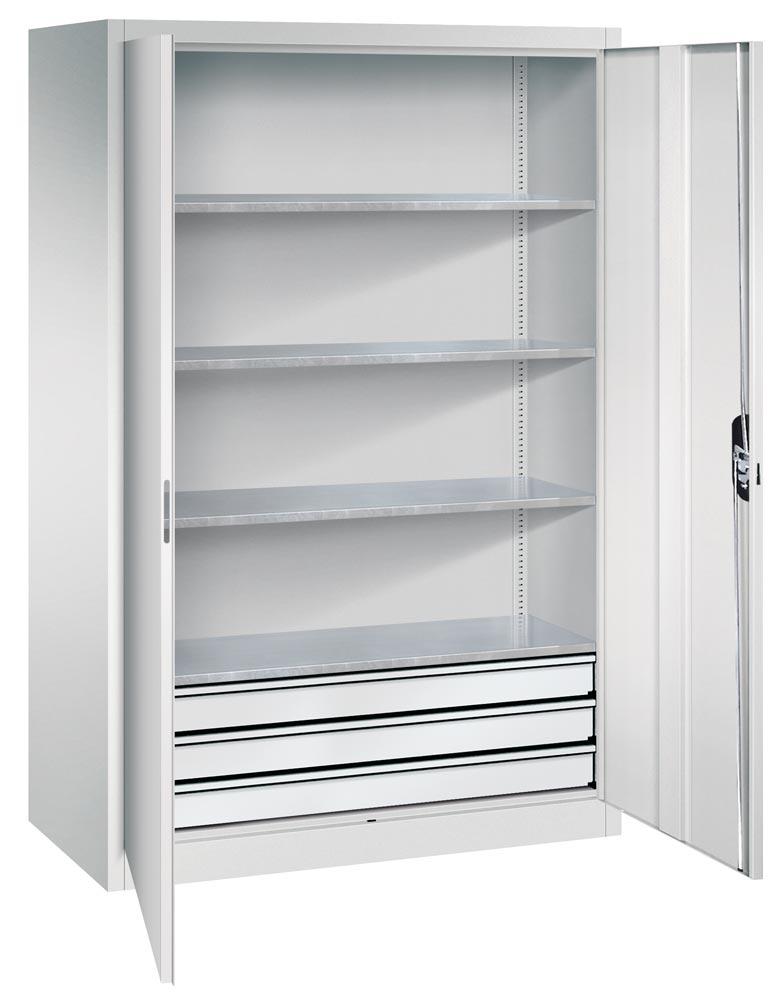C+P Großraum Werkzeugschrank, Maschinenschrank, 4 Fachböden, 3 Schubladen unten, Farbe lichtgrau, 1.950 x 1.200 x 600 (HxBxT)