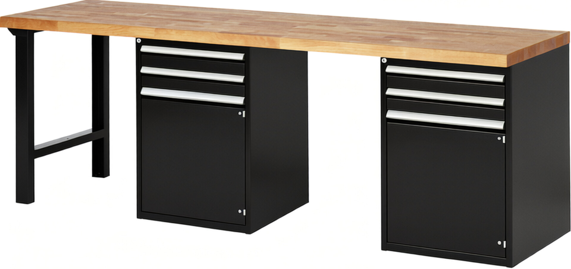 Werkbank Modell 7503 schwarz, BxTxH 2500x700x890 mm,  Buche-Massiv Arbeitsplatte 40 mm,  4 Schubladen mit  Vollauszug 100 % und  SoftClosing