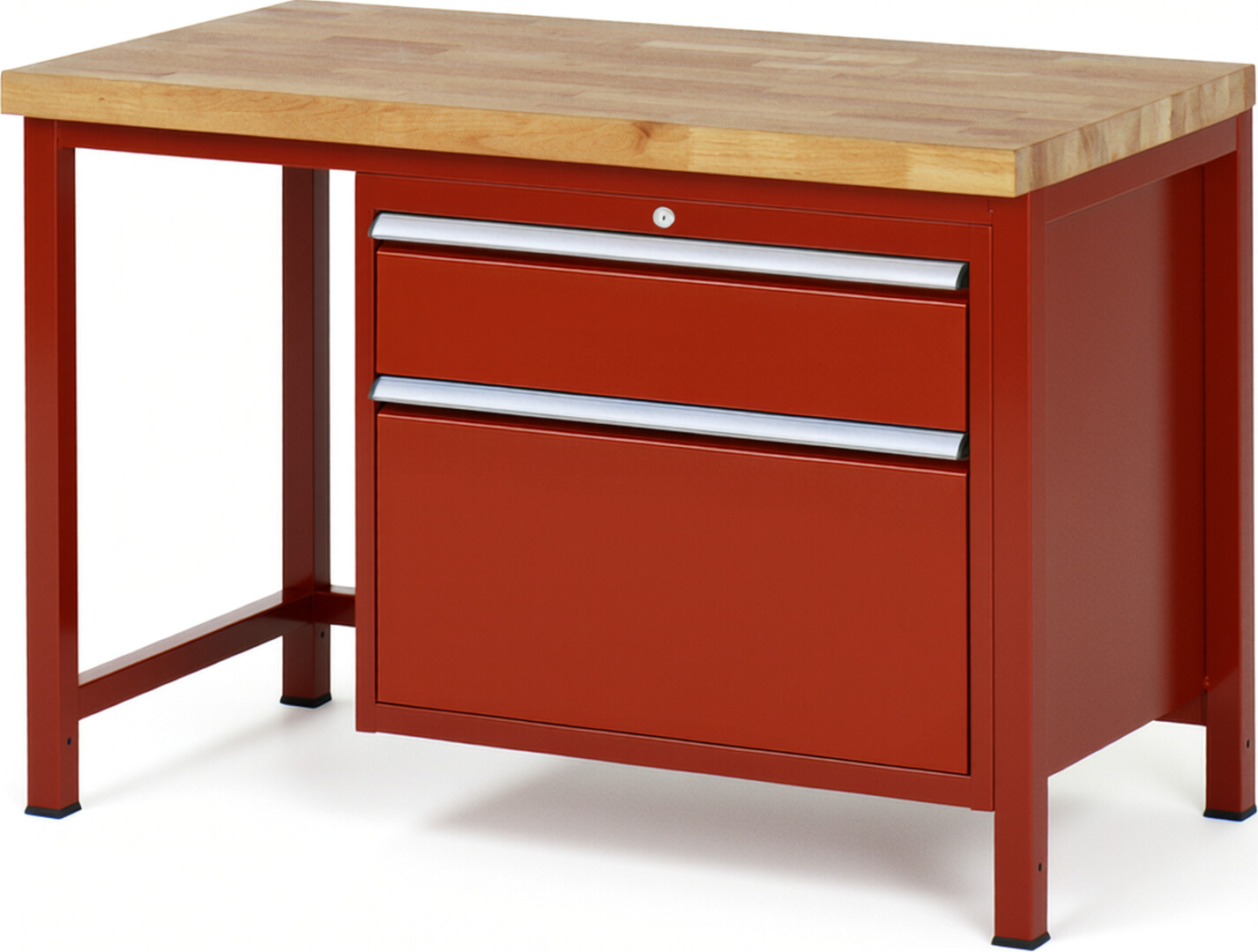 Werkbank Modell 8256 rot, BxTxH 1250x700x840 mm,  Buche-Massiv Arbeitsplatte 40 mm,  2 Schubladen mit  Auszug 90 %