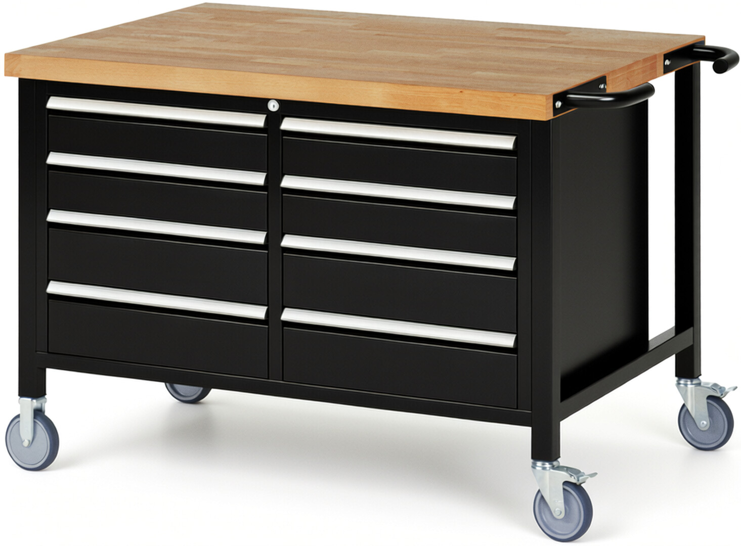 Fahrbare Werkbank Modell 8477 schwarz, BxTxH 1250x900x880 mm,  Buche-Massiv Arbeitsplatte 40 mm,  8 Schubladen mit  Vollauszug 100 % und  SoftClosing
