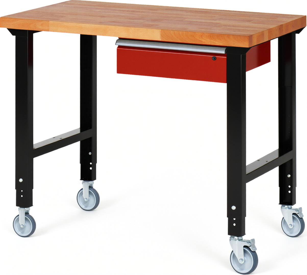 RAU Werkbank schwarz - rot - Breite 125 cm - Tiefe 70 cm - Höhe 100 cm - Buche-Massiv Arbeitsplatte 40 mm