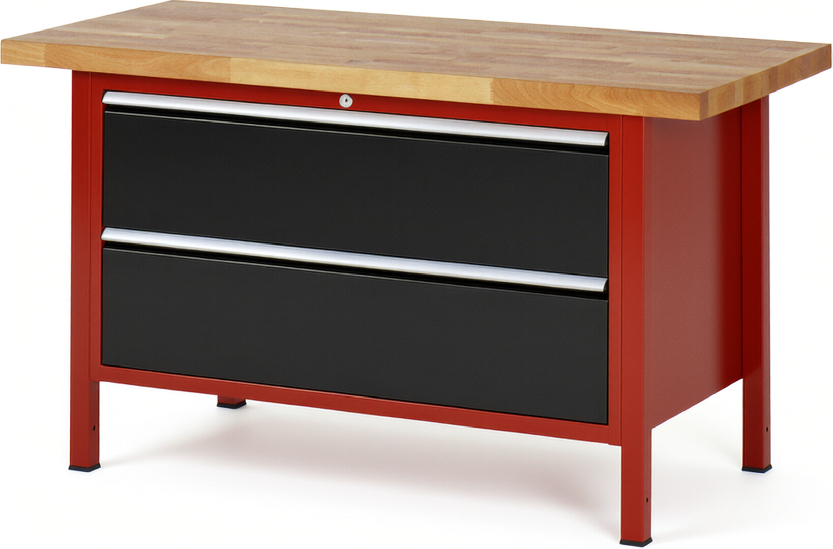Werkbank Modell 8355 rot - schwarz, BxTxH 1500x700x840-1040 mm,  Buche-Massiv Arbeitsplatte 40 mm,  2 Schubladen mit  Vollauszug 100 % und  SoftClosing