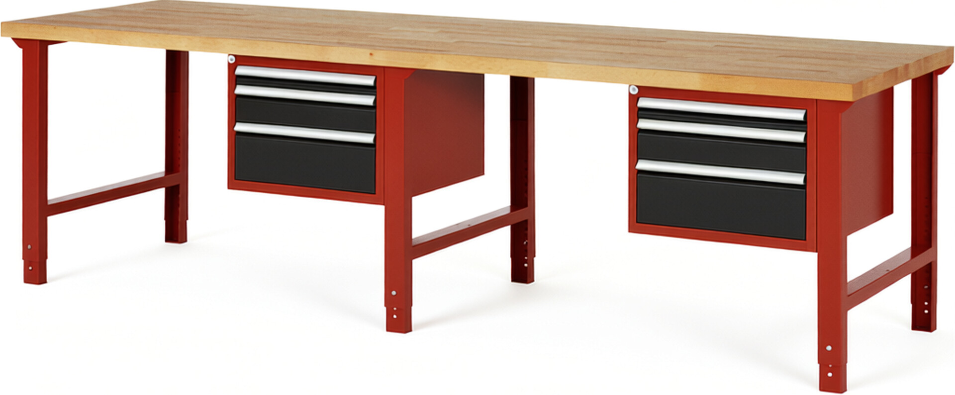 Werkbank Modell 7126 rot - schwarz, BxTxH 3000x900x790-1140 mm,  Buche-Massiv Arbeitsplatte 40 mm,  6 Schubladen mit  Vollauszug 100 % und  SoftClosing