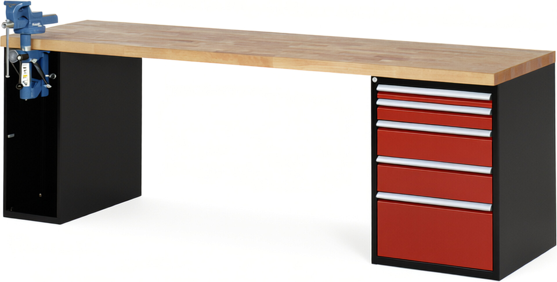 RAU Werkbank schwarz - rot - Breite 250 cm - Tiefe 70 cm - Höhe 89 cm - Buche-Massiv Arbeitsplatte 40 mm