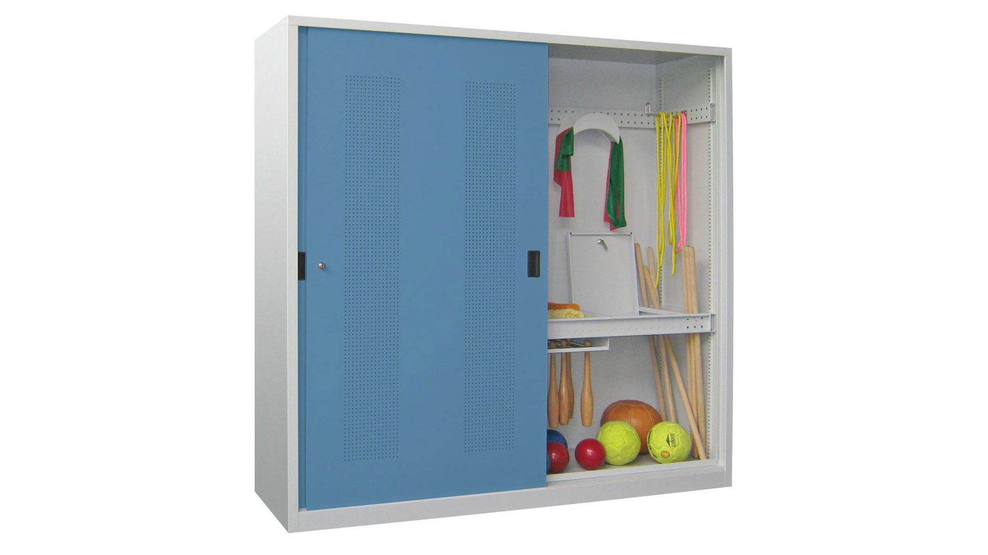 Schiebetürenschrank - Schiebetüren mit Lochfeld - Trennwand - 1.950x2.000x600 mm (HxBxT) - lichtgrau/lichtblau