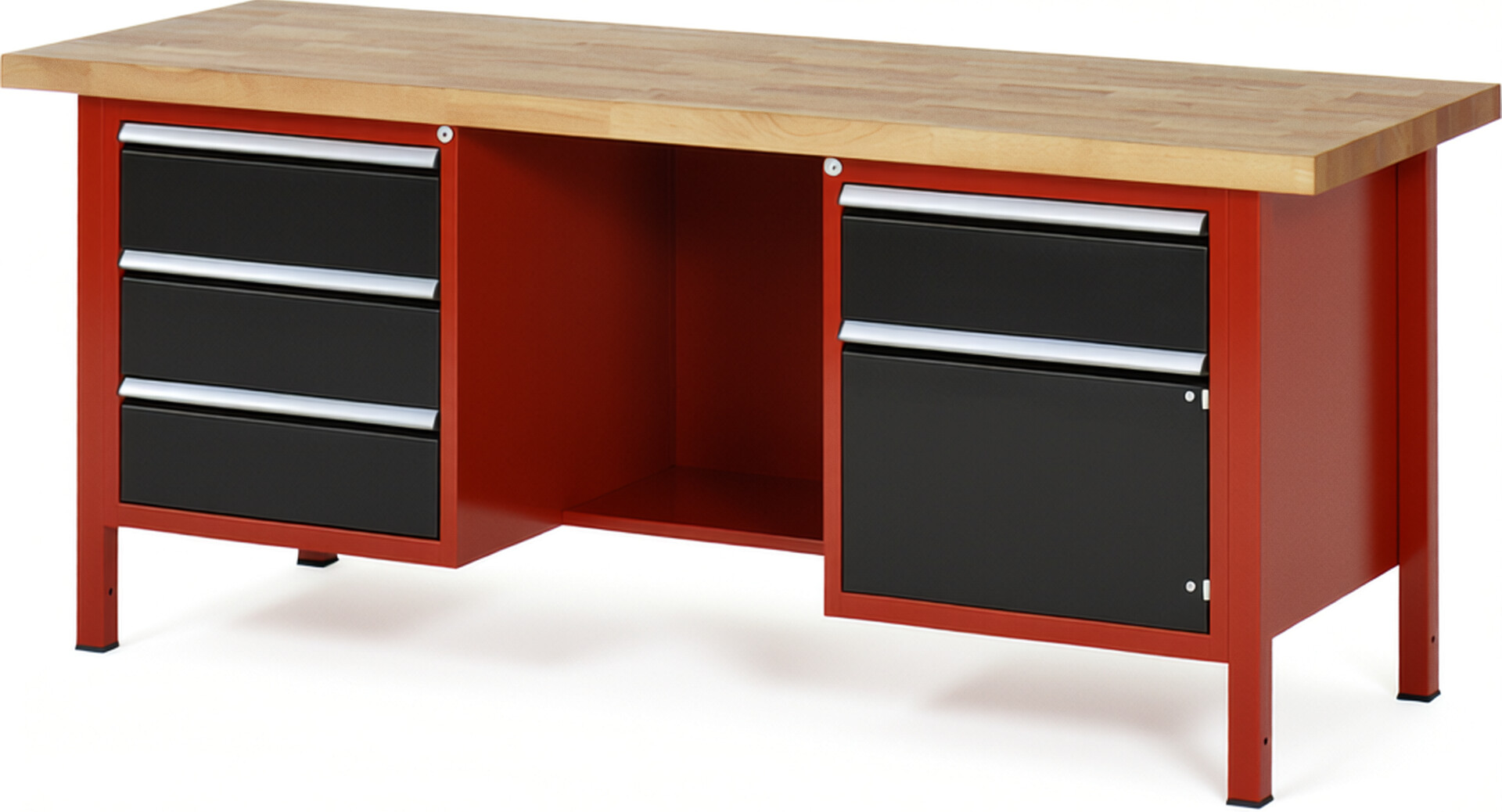 Werkbank Modell 8552 rot - schwarz, BxTxH 2000x700x840-1040 mm,  Buche-Massiv Arbeitsplatte 40 mm,  4 Schubladen mit  Auszug 90 %