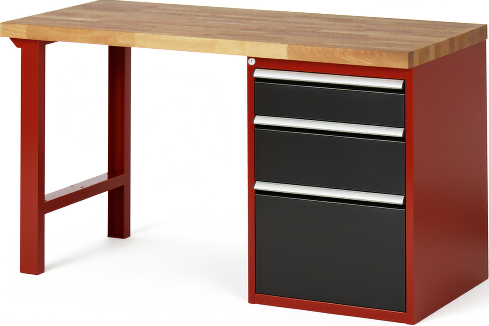 Werkbank Modell 7508 rot - schwarz, BxTxH 1500x700x890 mm,  Buche-Massiv Arbeitsplatte 40 mm,  3 Schubladen mit  Vollauszug 100 % und  SoftClosing