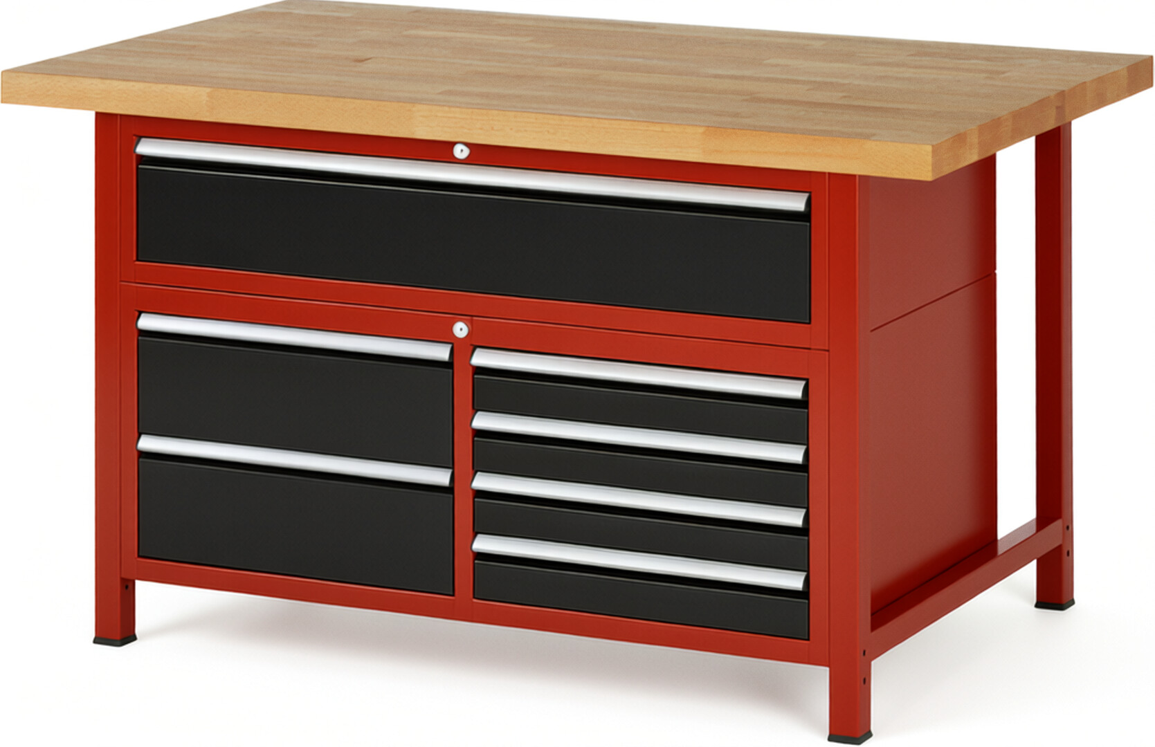 Werkbank Modell 8921 rot - schwarz, BxTxH 1500x900x840 mm,  Buche-Massiv Arbeitsplatte 40 mm,  7 Schubladen mit  Auszug 90 %
