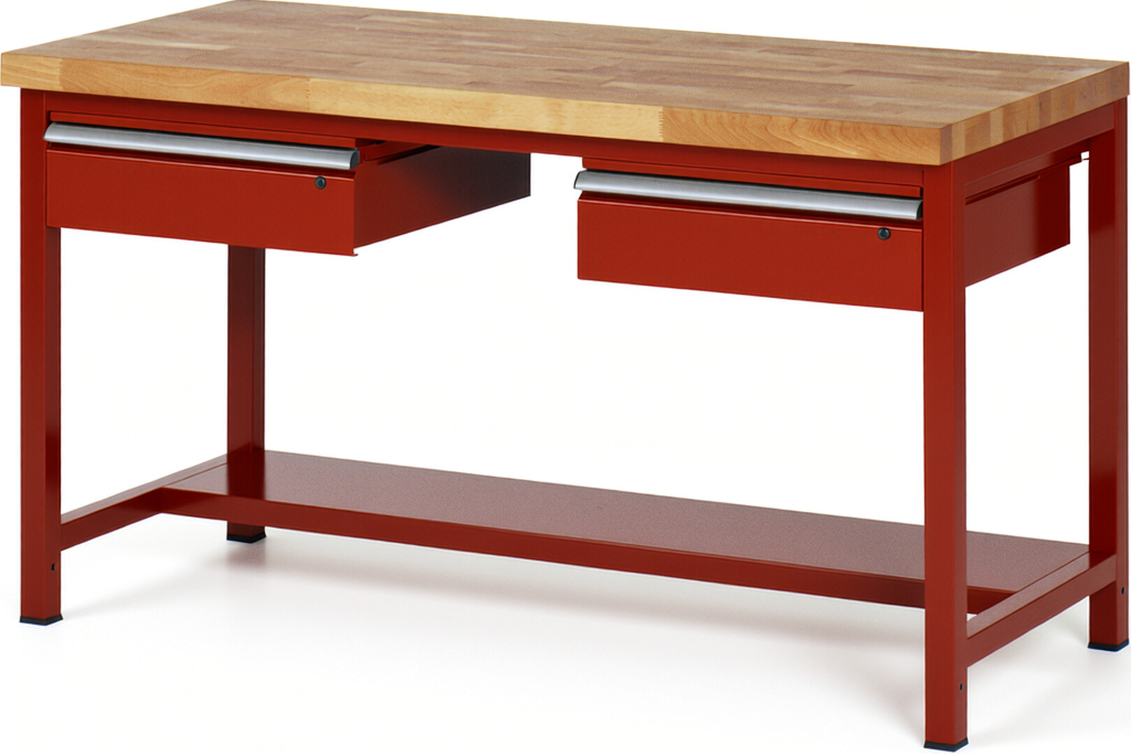 Werkbank Modell 8002 rot, BxTxH 1500x700x840 mm,  Buche-Massiv Arbeitsplatte 40 mm,  2 Schubladen mit  Auszug 90 %