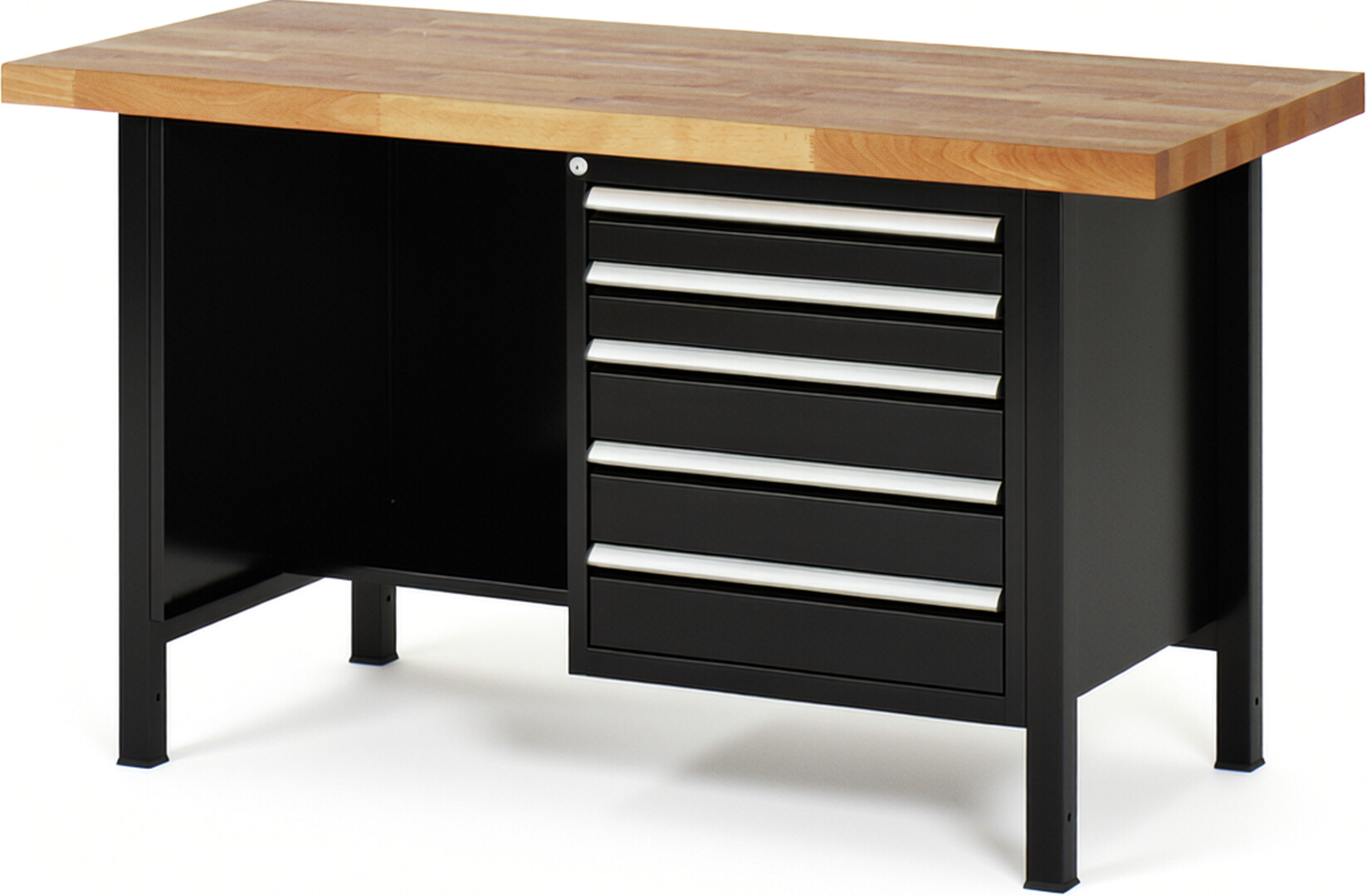 Werkbank Modell 8454 schwarz, BxTxH 1500x700x840-1040 mm,  Buche-Massiv Arbeitsplatte 40 mm,  5 Schubladen mit  Auszug 90 %