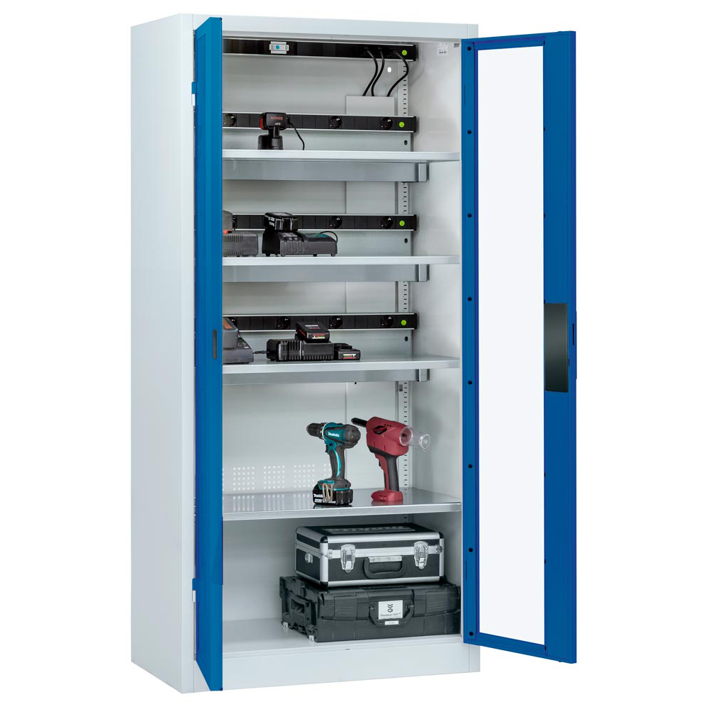 Akku Ladeschrank, Sichtfenster-Türen,BxTxH 930x500x1950 mm, RAL 7035/5010 mit 1 verzinkten Einlegeböden