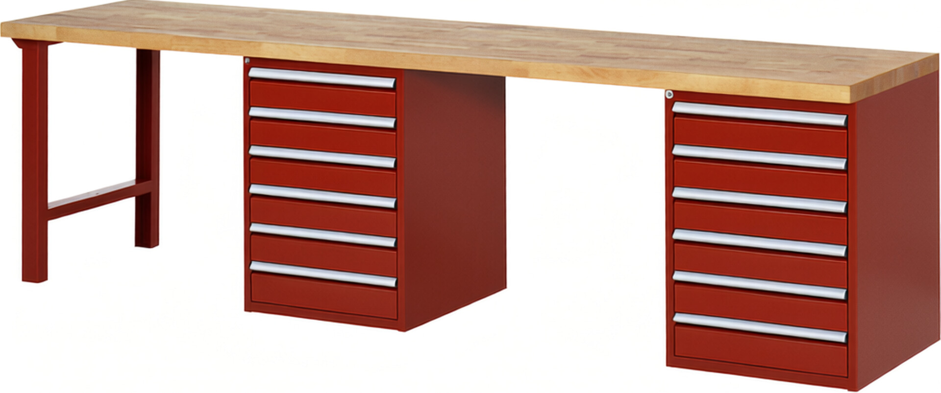 Werkbank Modell 7516 rot, BxTxH 3000x700x890 mm,  Buche-Massiv Arbeitsplatte 40 mm,  12 Schubladen mit  Vollauszug 100 % und  SoftClosing