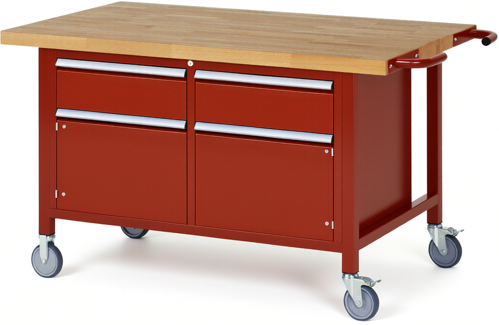 Fahrbare Werkbank Modell 8466 rot, BxTxH 1500x900x880 mm,  Buche-Massiv Arbeitsplatte 40 mm,  2 Schubladen mit  Auszug 90 %