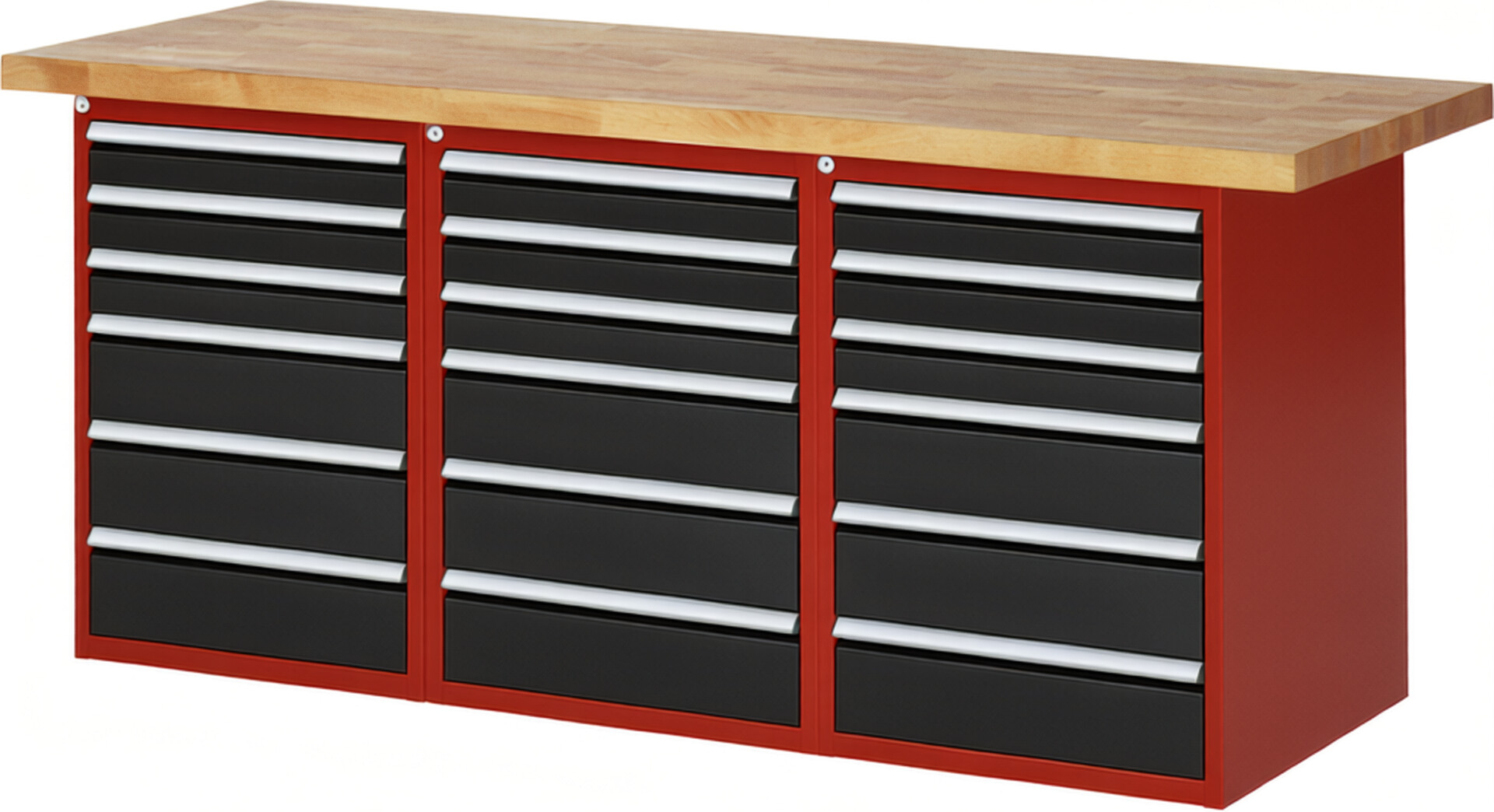 Werkbank Modell 7515 rot - schwarz, BxTxH 2000x700x890 mm,  Buche-Massiv Arbeitsplatte 40 mm,  18 Schubladen mit  Auszug 90 %