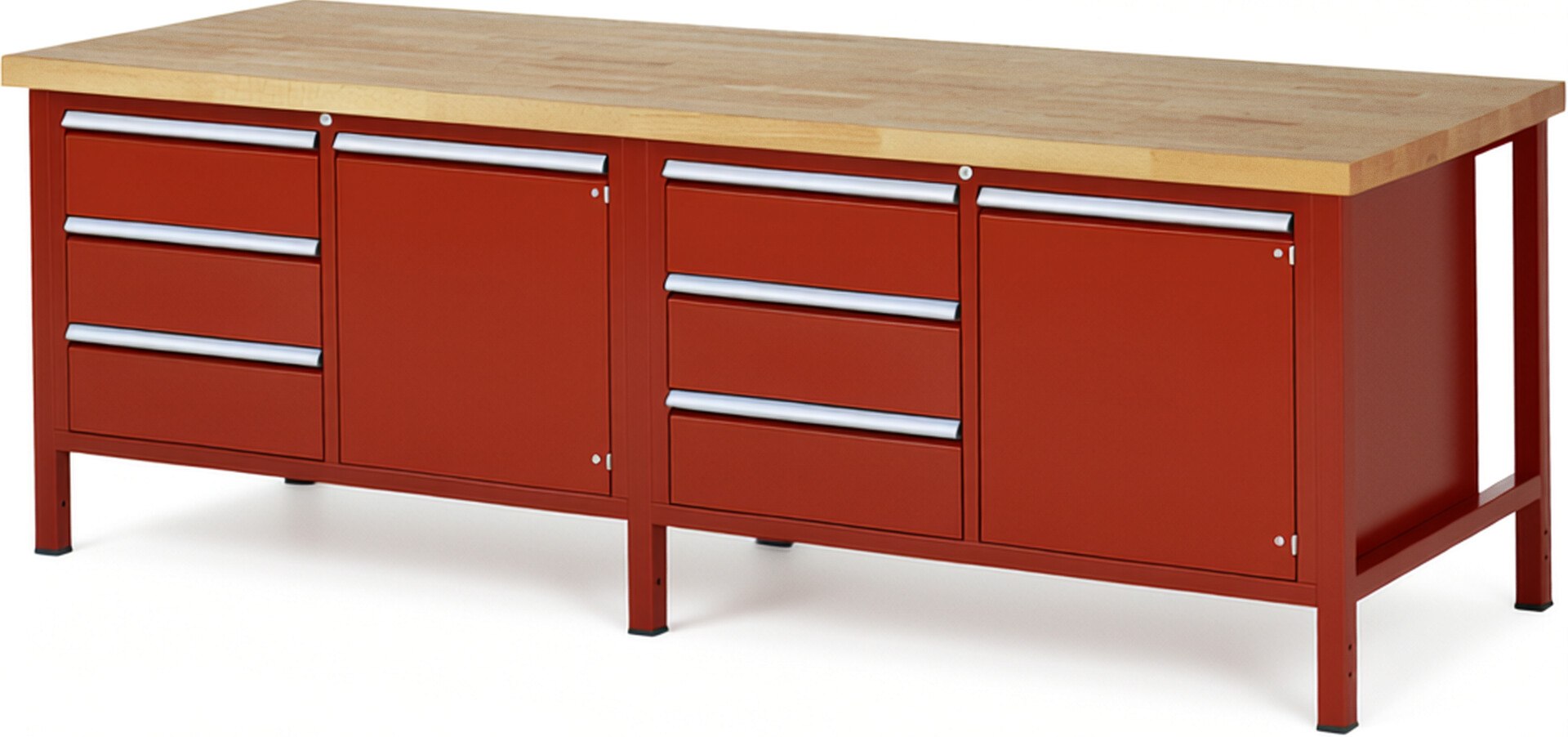 Werkbank Modell 8468 rot, BxTxH 2500x900x840 mm,  Buche-Massiv Arbeitsplatte 40 mm,  6 Schubladen mit  Auszug 90 %