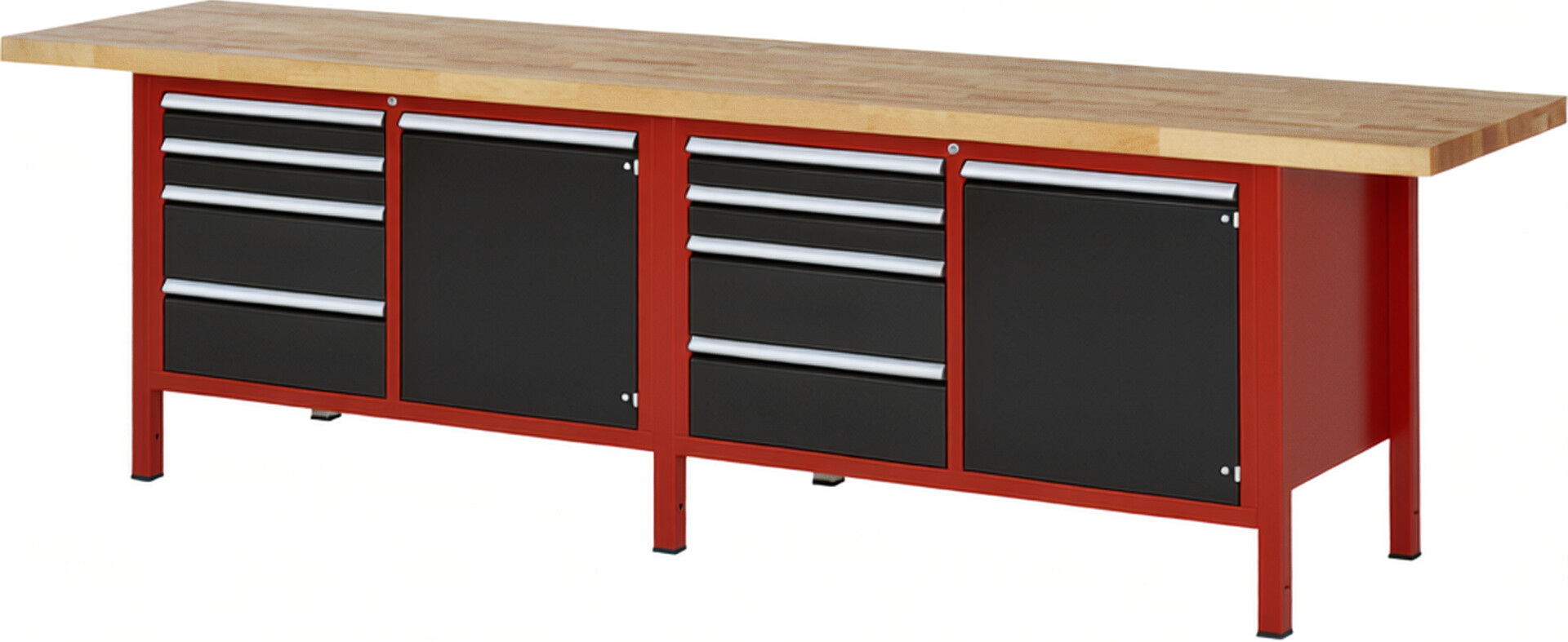 Werkbank Modell 8470 rot - schwarz, BxTxH 3000x700x840-1040 mm,  Buche-Massiv Arbeitsplatte 40 mm,  8 Schubladen mit  Auszug 90 %