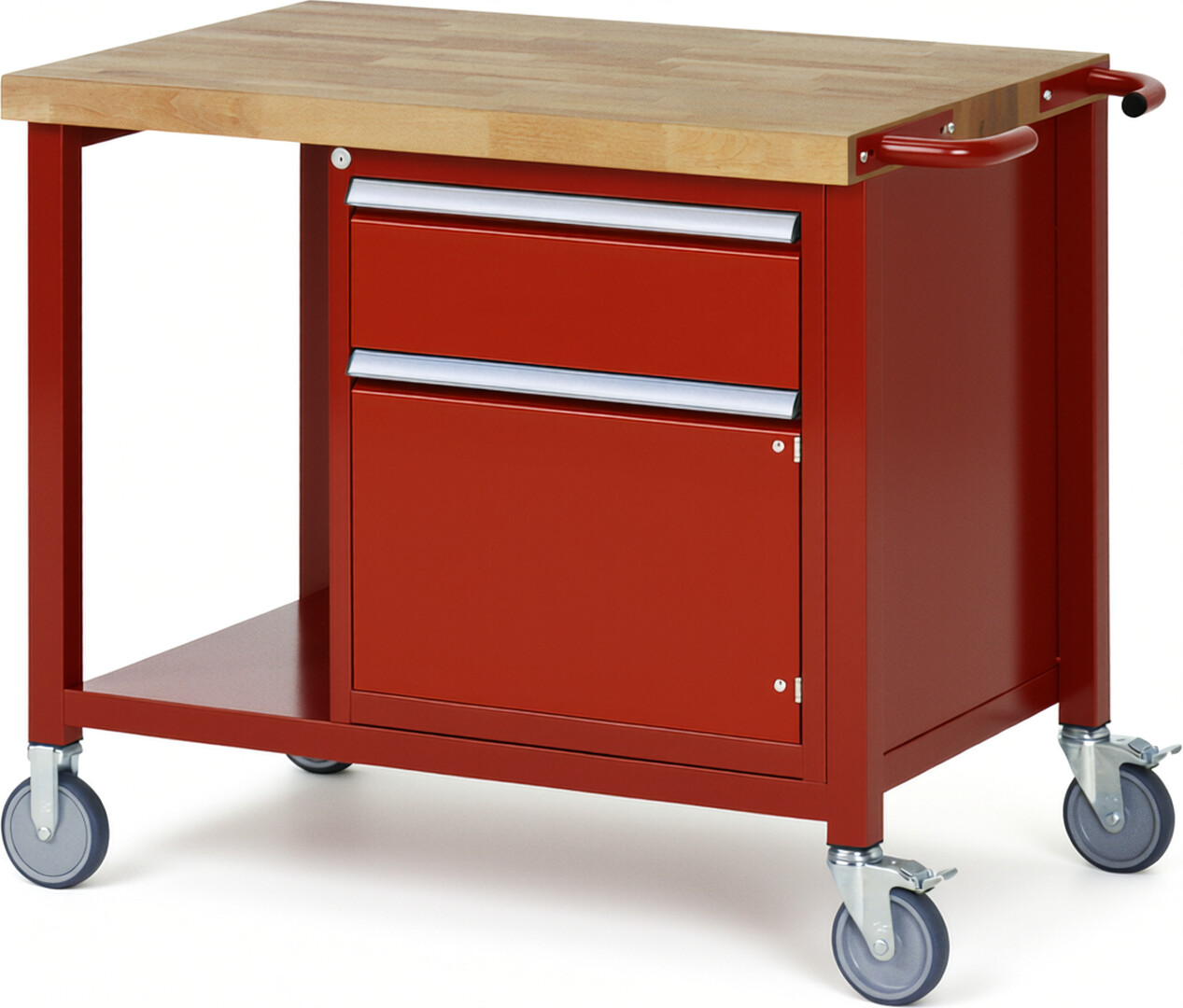 Fahrbare Werkbank Modell 8152 rot, BxTxH 1000x700x880 mm,  Buche-Massiv Arbeitsplatte 40 mm,  1 Schublade mit  Vollauszug 100 % und  SoftClosing