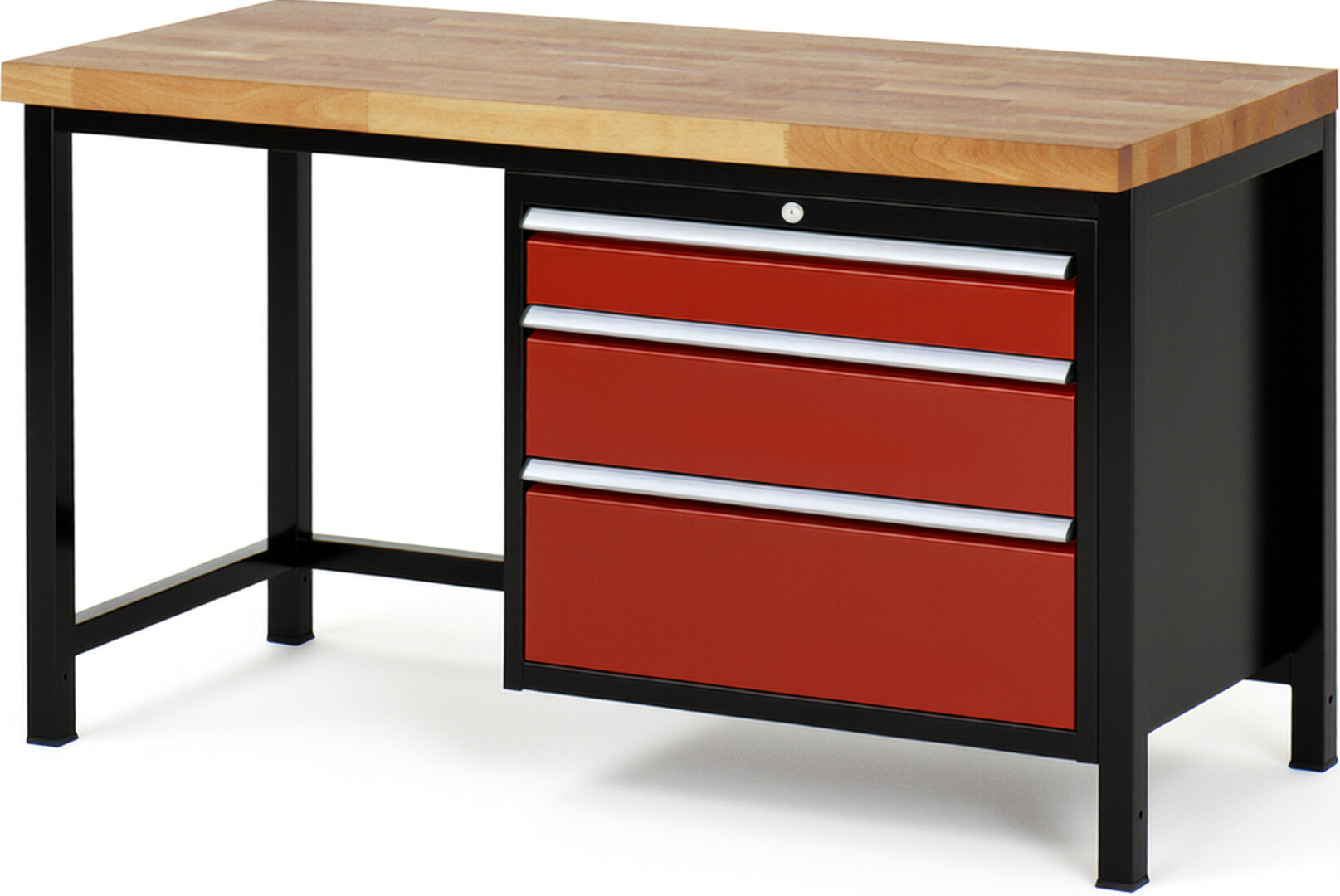 RAU Werkbank schwarz - rot - Breite 150 cm - Tiefe 70 cm - Höhe 104 cm - Buche-Massiv Arbeitsplatte 40 mm