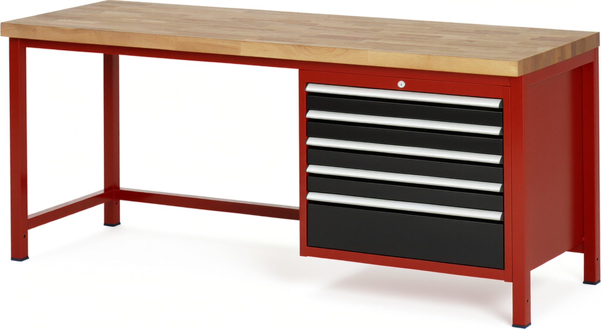 Werkbank Modell 8268 rot - schwarz, BxTxH 2000x700x840 mm,  Buche-Massiv Arbeitsplatte 40 mm,  5 Schubladen mit  Vollauszug 100 % und  SoftClosing