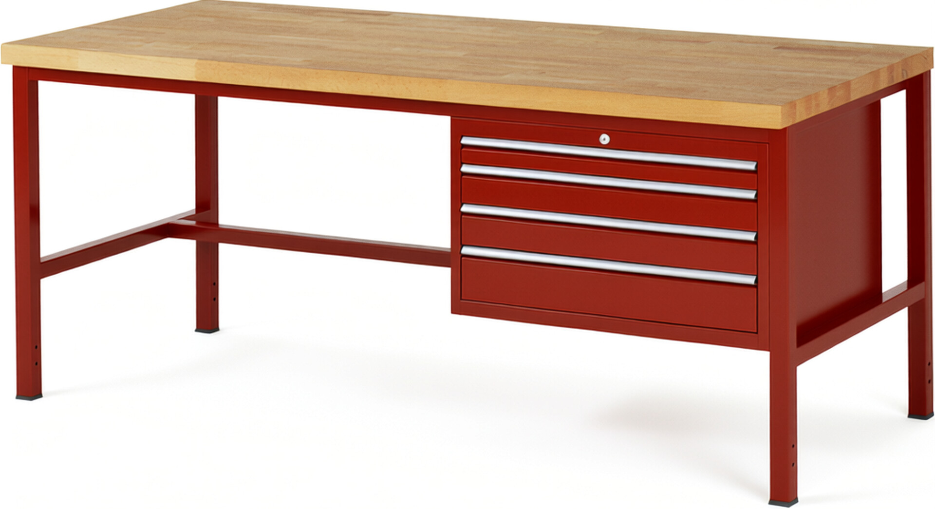 Werkbank Modell 8232 rot, BxTxH 2000x900x840 mm,  Buche-Massiv Arbeitsplatte 40 mm,  4 Schubladen mit  Auszug 90 %