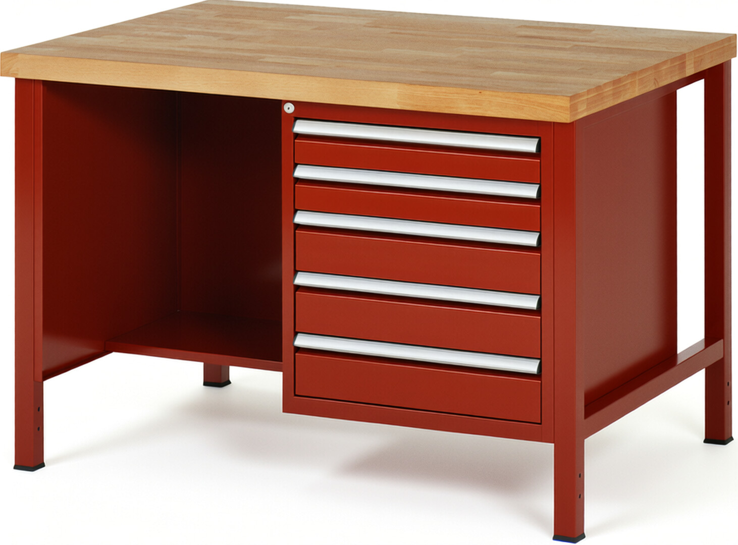 Werkbank Modell 8454 rot, BxTxH 1250x900x840 mm,  Buche-Massiv Arbeitsplatte 40 mm,  5 Schubladen mit  Auszug 90 %