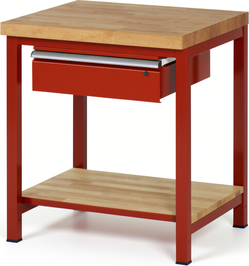 Werkbank Modell 8001 rot, BxTxH 750x700x840-1040 mm,  Buche-Massiv Arbeitsplatte 40 mm,  1 Schublade mit  Auszug 90 %