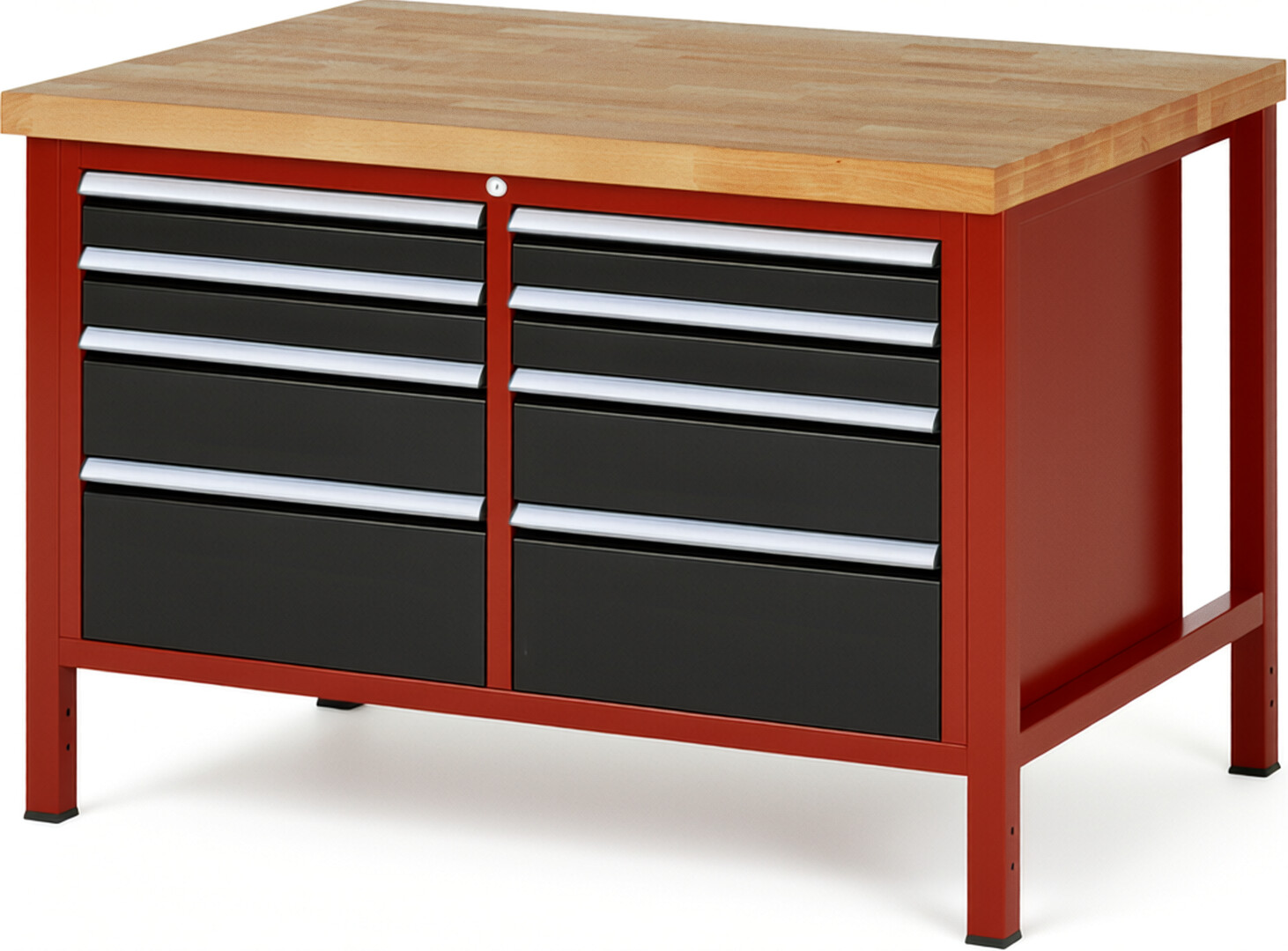 Werkbank Modell 8478 rot - schwarz, BxTxH 1250x900x840 mm,  Buche-Massiv Arbeitsplatte 40 mm,  8 Schubladen mit  Vollauszug 100 % und  SoftClosing